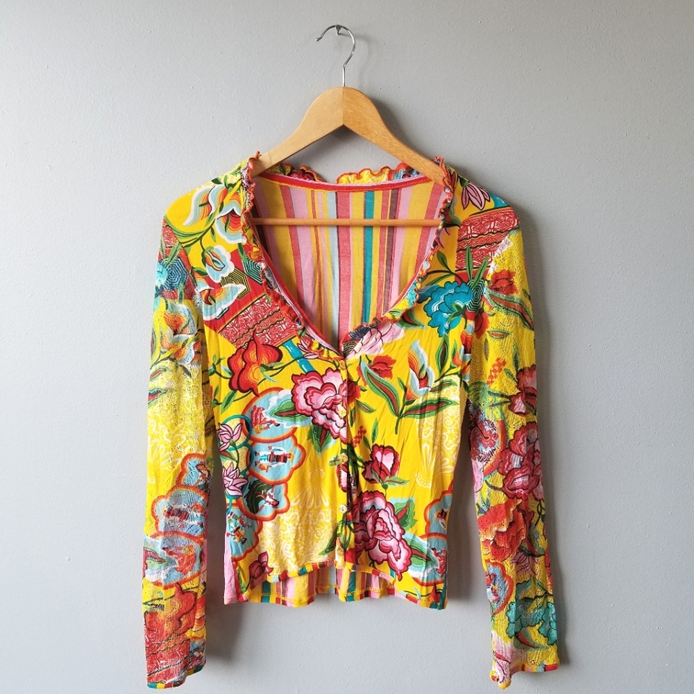 70's Long Sleeve V-Neck Yellow Floral and Striped Top Size L-XL